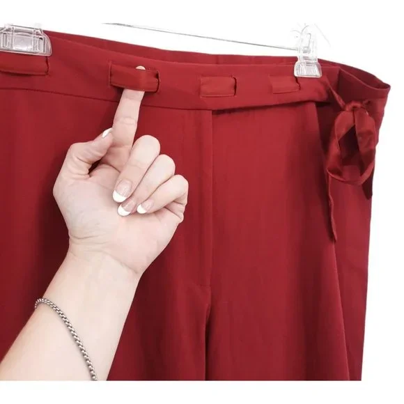 VTG 90s Apostrophe Burgundy High Rise Satin Ribbon Belt Bow Tie Dress Pants 18 - Picture 6 of 12